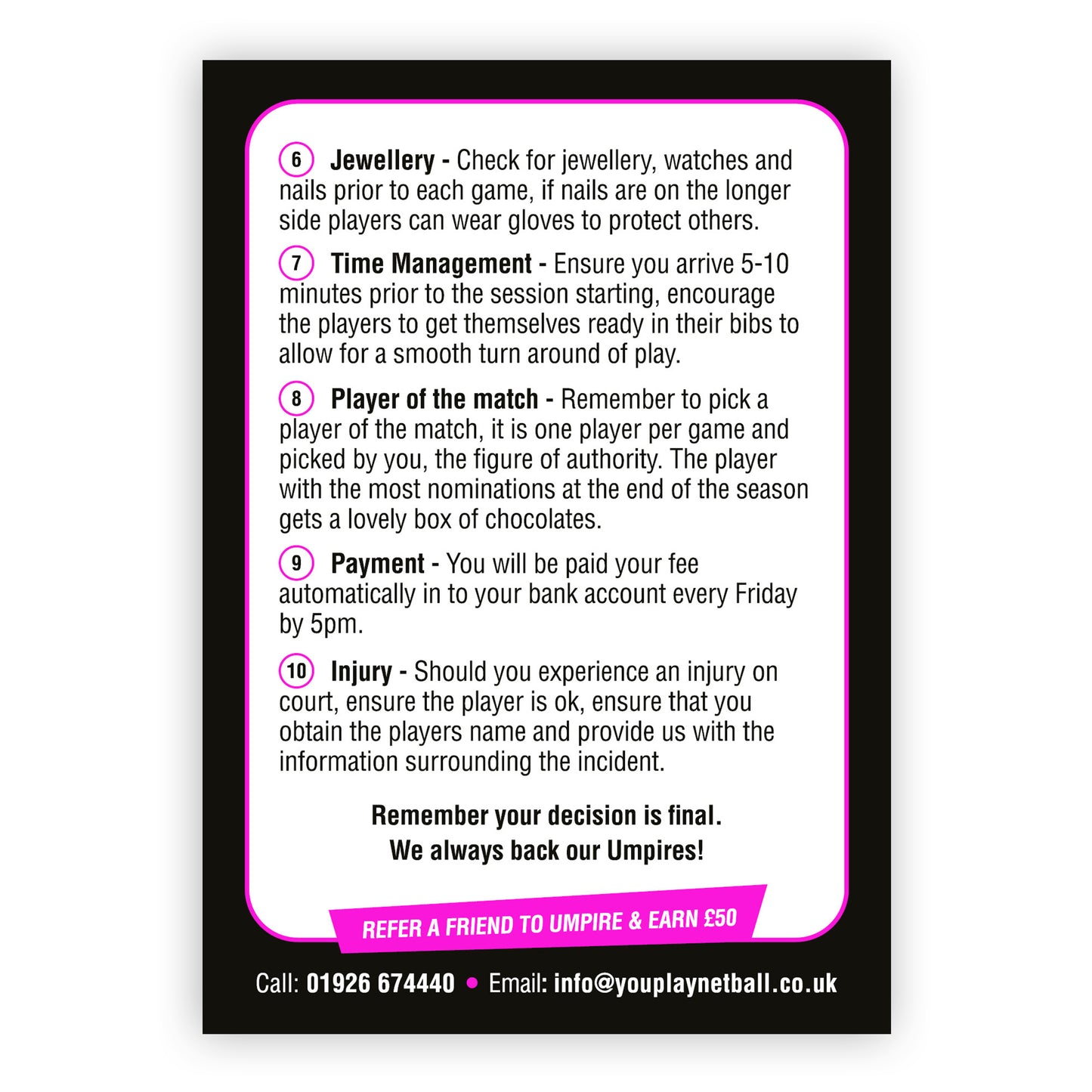 Umpire "Checklist" Card