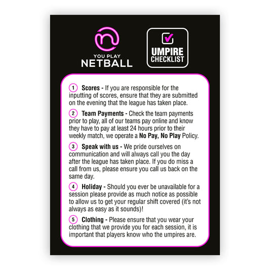 Umpire "Checklist" Card